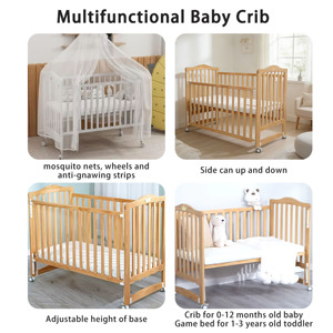 Cuna de madera de pino al por mayor con laterales ajustables y ruedas para bebés de 0 a 3 años, estándares EN71/ASTM - Product Image 5