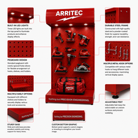 Support d'affichage d'outils en métal robuste sur pied, personnalisé, rouge, avec panneau perforé et caisson lumineux pour présentoirs de quincaillerie