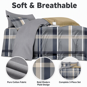 Poland Stock Bold Modern Plaid Cotton <b>Bedding</b> Set Navy Tan <b>Tartan</b> Duvet Cover for B&B EU Dropshipping 3pcs - Product Image 2