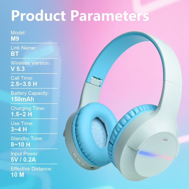 M9 BT5.3 Wireless Headphones Kids Over Ear RGB LED Light Foldable HiFi Stereo Headset with Mic for Children School Travel