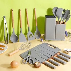 19-Piece Durable <b>Silicone</b> Kitchen Utensil Set with Wooden Handles Dishwasher Safe Modern Cookware & Storage - Product Image 4