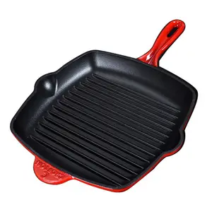 Poêle à griller plate en émail avec grilles Poêles antiadhésives Poêle à steak Poêle à frire en fonte Pays Batterie de cuisine en fonte durable