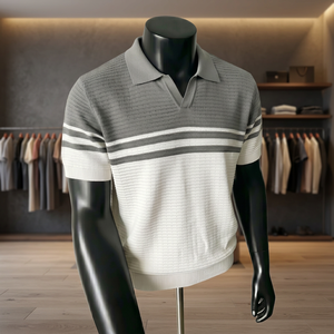 เสื้อโปโลผู้ชายลายทางสีสันตัดกัน แขนสั้น ทรงปกติ สไตล์ลำลอง - Product Image 3