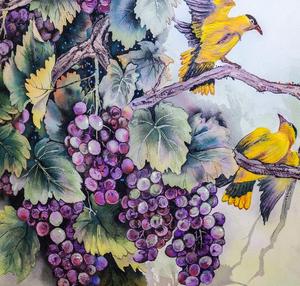 Art mural moderne fait main sur toile, peinture en grès de style chinois, raisins et oiseaux jaunes, ornement pour la décoration de bureau et de la maison - Product Image 2