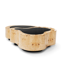 Table basse de luxe en placage de racine de peuplier avec verre laqué noir au design courbé pour salons sophistiqués
