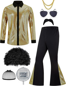 Costume d'Halloween vintage années 60-70 style <span class=keywords><strong>hippie</strong></span>, pantalon à paillettes, haut, pantalon pattes d'éléphant pour homme, tenue brillante pour chanteur <span class=keywords><strong>de</strong></span> discothèque et danseur - Product Image 4