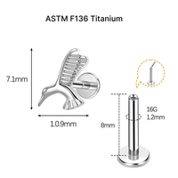 Perhiasan tindik JiaXin ASTM F136 Titanium Grade Implant, tanpa ulir, flat back, labret stud, untuk bibir, helix, conch, dengan inlay zircon berbentuk hati, ukuran 16G