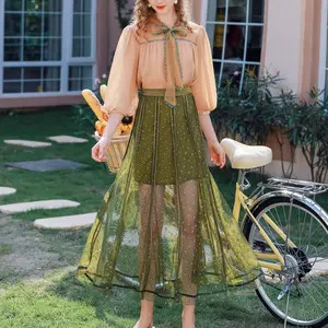 Military Green Printing Half Skirt Ladies Sexy And Sweet Lace Mesh Sheer Long Skirt Floral Tulle Skirt