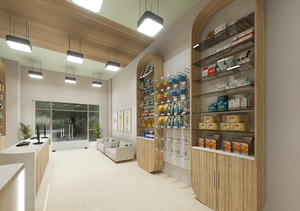 Kabinet peraga dinding apotek kustom dengan lampu LED-desain perlengkapan toko ritel medis tahan air & ramah lingkungan - Product Image 2