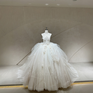 Robe de mariée élégante Spjy011 en satin ivoire, longueur ras du sol, sans bretelles, avec traîne Watteau, perles, appliques en dentelle et tulle scintillant - Product Image 5