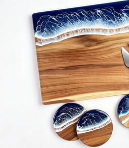 Tabla de Quesos de Madera de Acacia con Resina Efecto Olas del Océano, Tabla de Charcutería con Cuchillos para Queso y Posavasos, Plato de Madera para Servir, Ideal para Regalo - Product Image 5