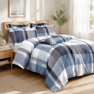 Ensemble de literie moderne à carreaux bleu-gris en stock en Pologne, housse de couette à carreaux pour la livraison directe en UE, 3 pièces de linge de lit - Product Image 1