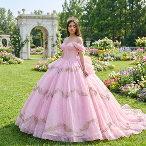 Vestido de Fiesta de Quinceañera Brillante Dy5932, Vestido Largo con Apliques de Encaje, Cuentas y Lazo de Tul, 100% Algodón, para Quince Años - Product Image 1