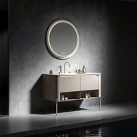 Ensemble de meuble-lavabo de salle de bain contemporain suspendu avec miroir LED rond rétroéclairé, armoire murale avec évier et étagère de rangement