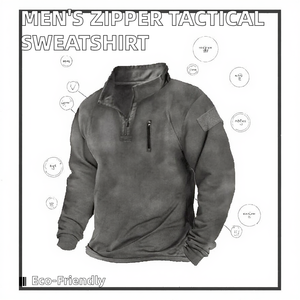 Men's Autumn Quarter-Zip Knitted Nonwoven <b>Stand</b> Collar Pullover Sweatshirt Solid Color Regular Fit Washed Finish Eco-Friendly - Product Image 2