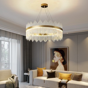 Lustre rectangulaire rond en tube de cristal led doré pour décoration de salon - Product Image 3