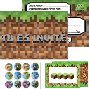การ์ดเชิญวันเกิดธีม Minecraft แบบกำหนดเอง พร้อมซองจดหมายและชุดสติกเกอร์ พิมพ์ดิจิทัลภาษาฝรั่งเศส ผิวด้าน - Product Image 4