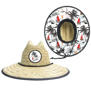 JAKIJAYI Panamá vela árbol de coco salvavidas sombrero de paja de buena calidad personalizado ala ancha verano hierba Natural sombrero de paja