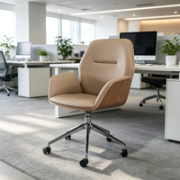 Chaise de bureau exécutive moderne en bois courbé avec revêtement en cuir PU, hauteur réglable, base en métal pivotante - Chaise de bureau pour la maison et la salle à manger