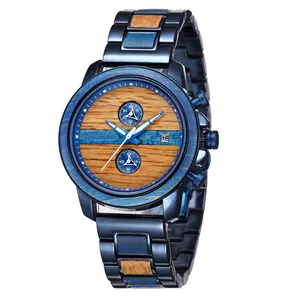 OEM Custom Logo Wooden Bracelet Watches For Men 2020 New Royal Blue Steel And Wood Luminous Pointer Chronograph Quartz Watches