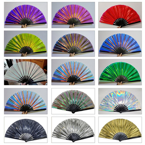 Logotipo personalizado de fábrica, diseño holográfico Clack grande, música Rave, ventilador de mano de bambú para festivales, fiestas, bodas, ventiladores plegables fuertes - Product Image 4