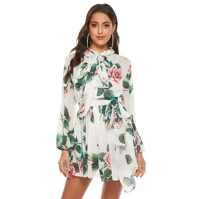 A3850 Woman White Chiffon Digital Print Clothing Light Summer Long Sleeve Dress Design Woman Dress 2024 New