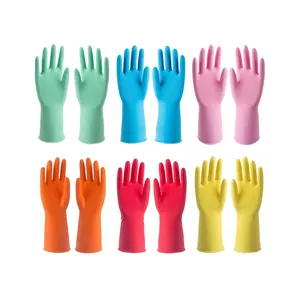 colorful cheap house hold household reusable natural latex rubber gloves for kitchen cleaning washing dishes laundry