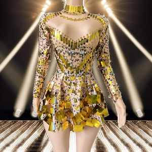 Robe de soirée mini à sequins miroir, manches longues, dos nu, col halter, costume de performance pour chanteuse danseuse - Product Image 2