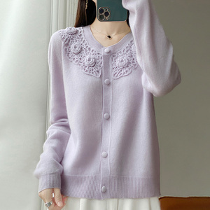 Cárdigan de lana de un solo pecho con cuello redondo de ganchillo de lana mercerizada 100% para <span class=keywords><strong>mujer</strong></span> - Product Image 1