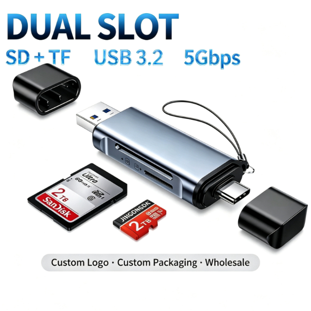 Factory Direct Aluminum 2 in 1 USB 3.2 Gen 1 SD TF Card Reader 5Gbps SuperSpeed Memory Card Adapter for iPad Pro MacBook