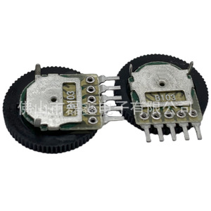 Potentiomètre rotatif double 16x2mm B10K à film de carbone, type engrenage moleté, pieds droits - Product Image 2