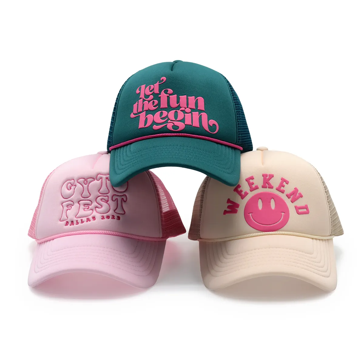 Heren Hoge Kwaliteit Touw 5 Panel 3d Puff Printing Foam Trucker Mesh Cap Custom Puff Print Trucker Hoed