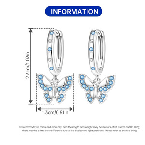 White brass butterfly <b>earrings</b>, set with blue crystal rhinestones, <b>cute</b> and fashionable pendant <b>earrings</b> for women, jewelry gift - Product Image 2