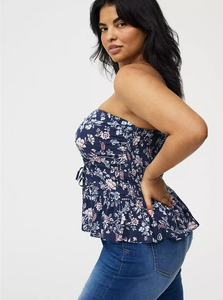 <span class=keywords><strong>Blusa</strong></span> <span class=keywords><strong>de</strong></span> moda para mujer, <span class=keywords><strong>azul</strong></span> <span class=keywords><strong>marino</strong></span>, con estampado floral, top tubo sin <span class=keywords><strong>tirantes</strong></span>, fruncido, peplum, con lazo frontal, estilo casual para resort, talla grande - Product Image 2