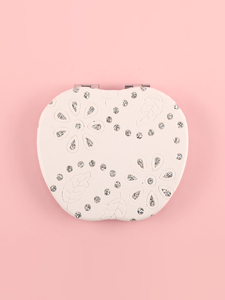 Miroir de poche compact en forme de pomme, en cuir PU blanc, avec motif feuille en relief, strass scintillants, double face, verre HD - Product Image 5