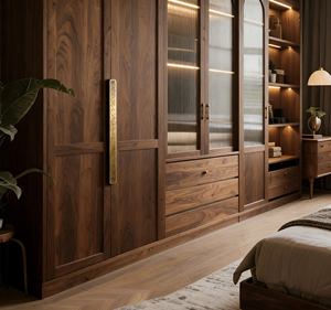 BALOM Customized Modern Walnut Built-in <b>Wardrobe</b> - Arched Ribbed Glass & LED Lights, Spacious Bedroom Storage Cabinet - Product Image 6