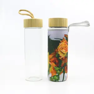 500ml Glass Water Bottle with Silicone Sleeve Sports Outdoor Glass Water Bottle Eco-friendly Bamboo Lid with Straw