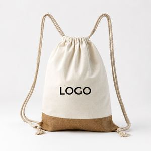 Custom Cotton Canvas Drawstring <b>Bag</b> with Jute Bottom Two-Tone Braided Rope Backpack for Gym Sports Travel Outdoor Activities - Product Image 1