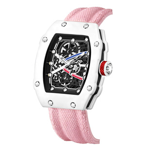 Reloj de Cuarzo para Mujer <span class=keywords><strong>KIMSDUN</strong></span> 901, Caja Tonneau, Esfera Esqueletizada, Correa de Lona con Rayas Rosas, Reloj de Pulsera Moderno, Regalo para Chicas - Product Image 5