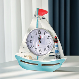 Mediterranean Sailboat Desk <b>Clock</b> Wooden Decorative <b>Clock</b> With Lighthouse And Seashell Blue <b>White</b> Design - Product Image 1