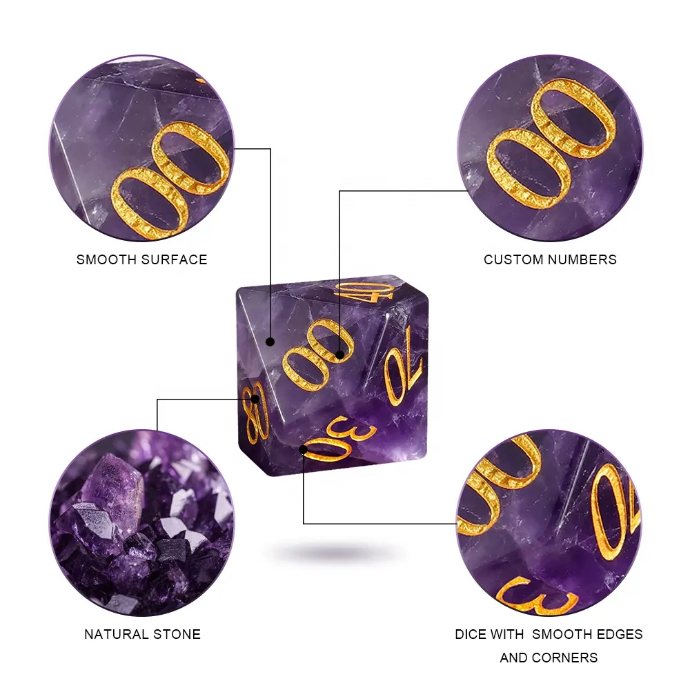 Производитель кубики с индивидуальным логотипом, натуральный камень RPG DND, набор многогранных драгоценных камней с аметистом