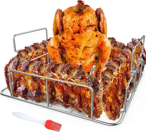 Hot Sell Square Stainless Steel BBQ Stand Beer Chicken can Roaster and Rib Rack with a Silicone Oil Brush