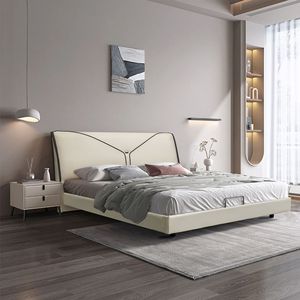 Modern Upholstered <b>Bed</b> 1.8m Double Size Leather Frame Master Bedroom Furniture Minimalist Style Low <b>Box</b> Design - Product Image 1