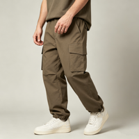 Pantalon cargo homme olive foncé à jambe large, poches à rabat, cordon de serrage à la cheville, revers ajustables, fermeture éclair discrète, style Techwear Urbain et Extérieur