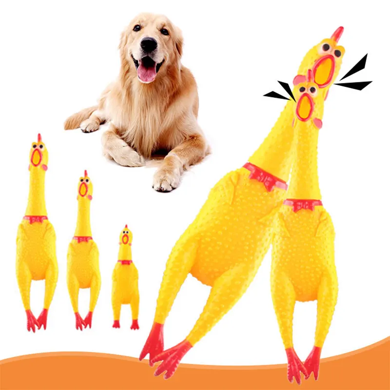 Brinquedos de apertar para cachorros, brinquedos de frango com som de apertar, super duráveis, engraçados, amarelos e de borracha, mastigar