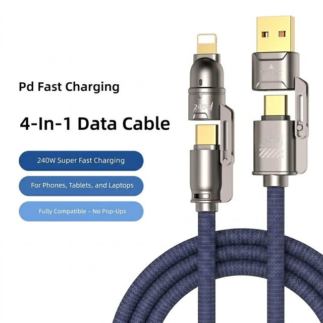 240W 4-in-1 Fast Charging Cable, 1.8m Nylon Braided USB-A/Type-C/L Multi-Function Data Cable