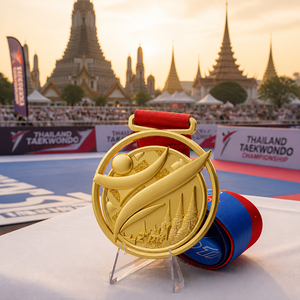Médaille de Taekwondo personnalisée à double couche creuse, motif temple thaïlandais, OEM, médaille d'art martiaux 3D en relief, finition or avec ruban - Product Image 1