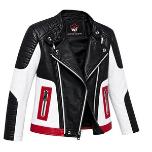 Premium Unisex PU Leather Moto <b>Jacket</b> Black White Red Color Block <b>Quilted</b> Shoulder Zipper Pockets Custom Fashion Outerwear - Product Image 2