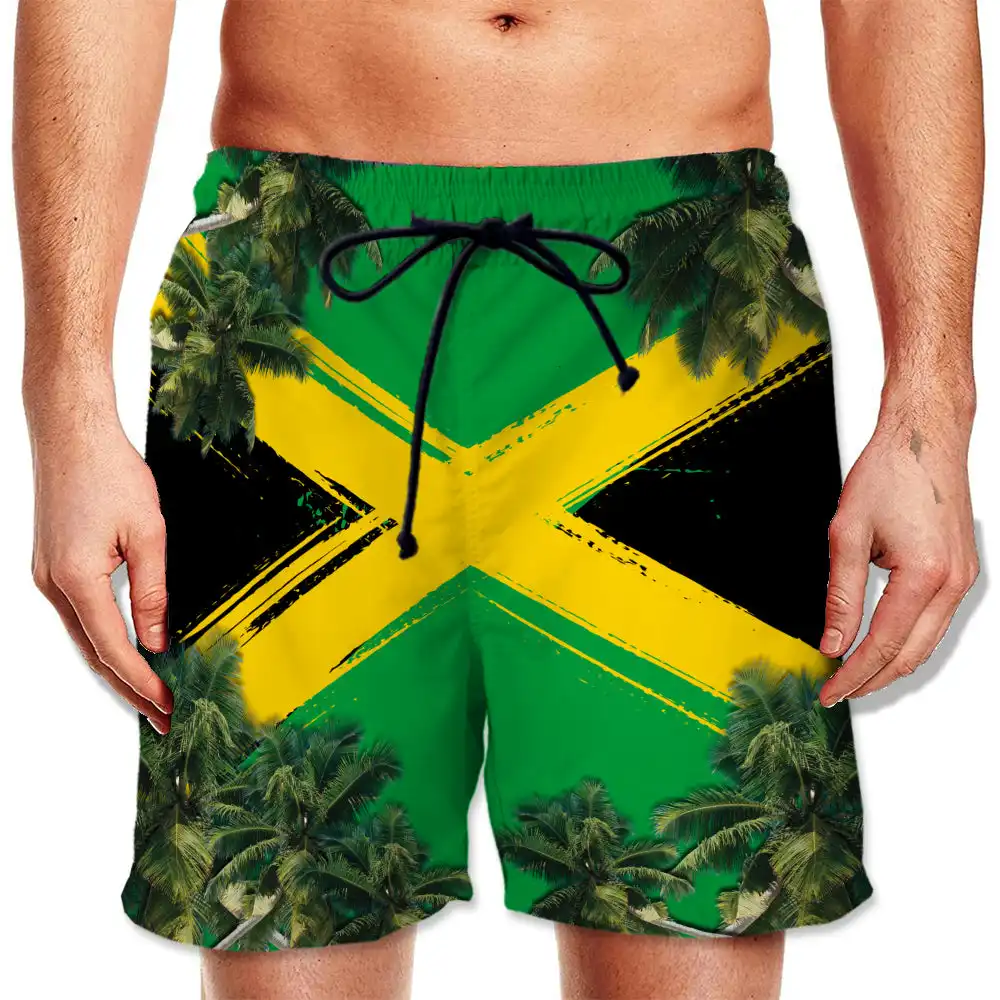 자메이카 국기 패턴 남성 비치 반바지 하와이 코코넛 트리 스타일 캐주얼 비치웨어 보드 반바지 도매 저렴한 가격 복장
