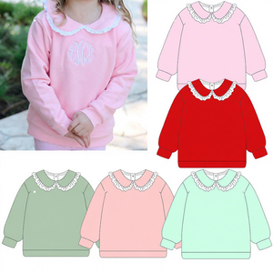 Felpa monogramma girocollo in pizzo felpa 100% felpa con cappuccio in pile di <span class=keywords><strong>cotone</strong></span> a manica lunga <span class=keywords><strong>felpe</strong></span> con volant da <span class=keywords><strong>bambina</strong></span> - Product Image 1